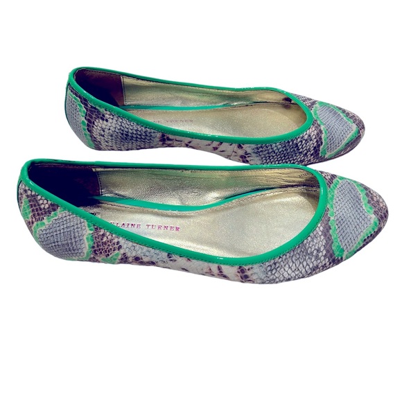 Elaine Turner Sydney Snake Skin Flat Ballet Bright Green Shoe Size 9 - Picture 6 of 9